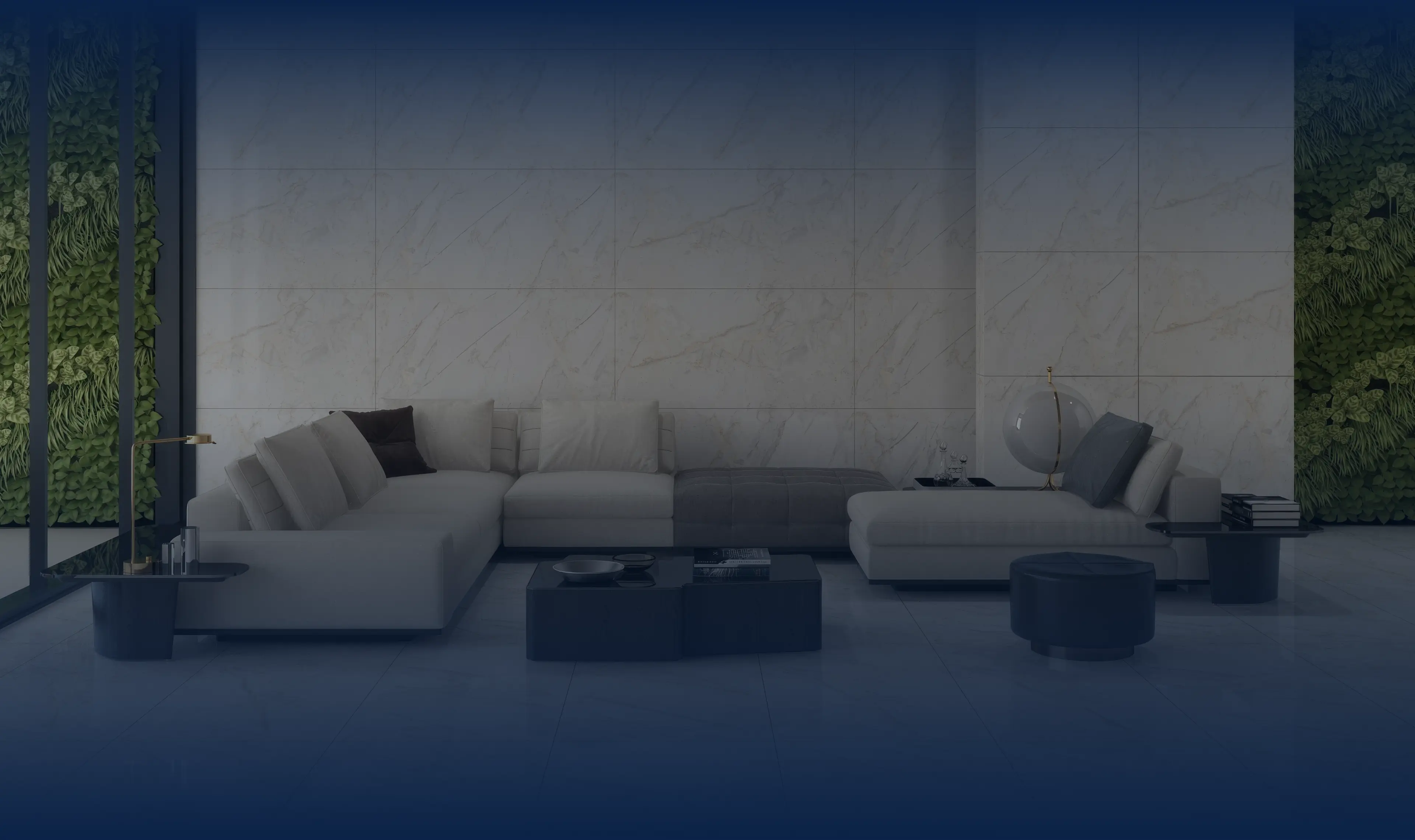 Elegant marble tiling in a serene lounge setting, crafted with symmetry and timeless British finesse.