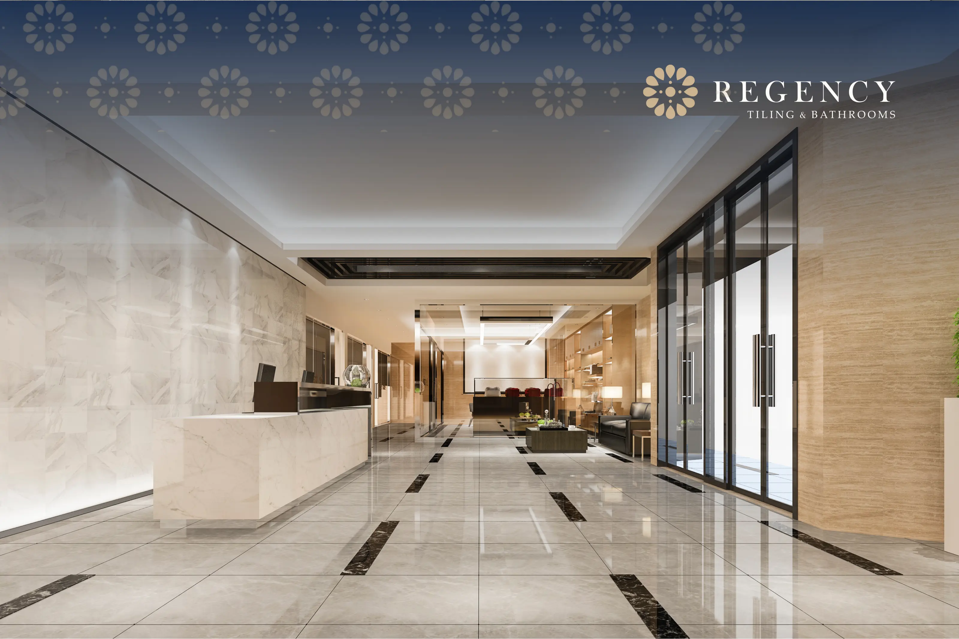 Modern commercial interior with high-gloss floor tiles and marble walls, built for beauty and longevity.