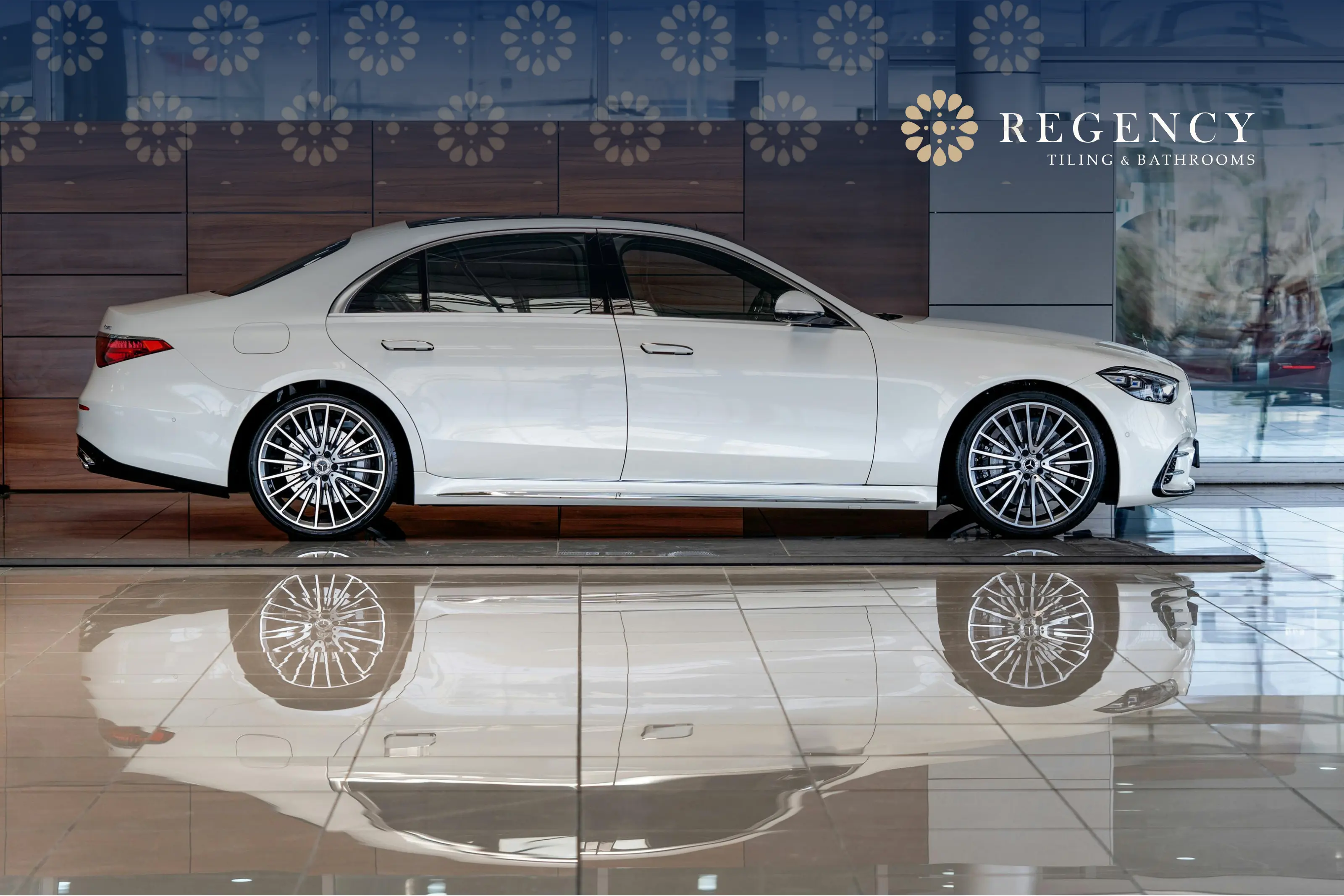 Luxury showroom with polished porcelain floors, reflecting elegance through every seamless surface.