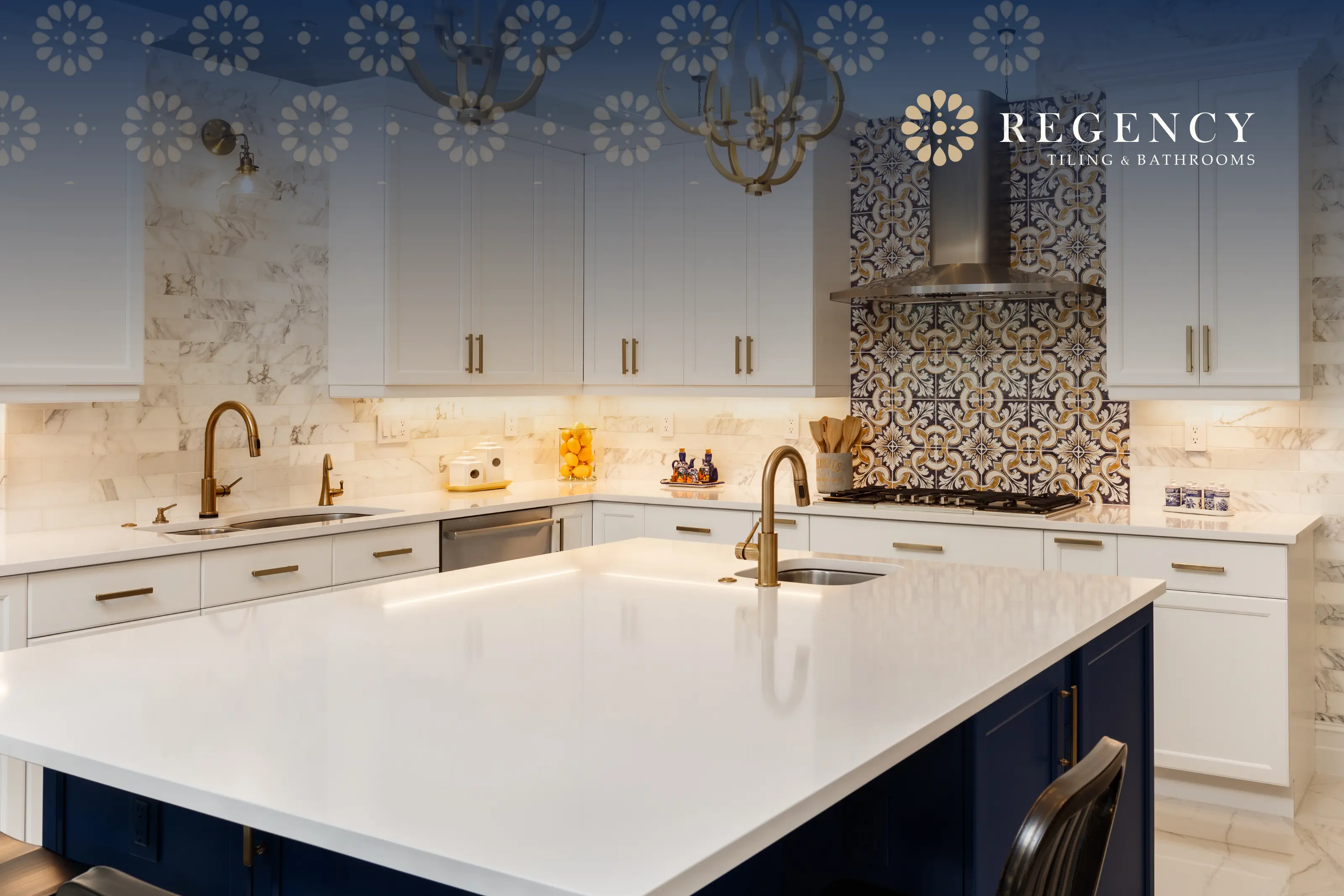 Luxury kitchen with mosaic marble backsplash and gold finishes, blending heritage with decorative flair.