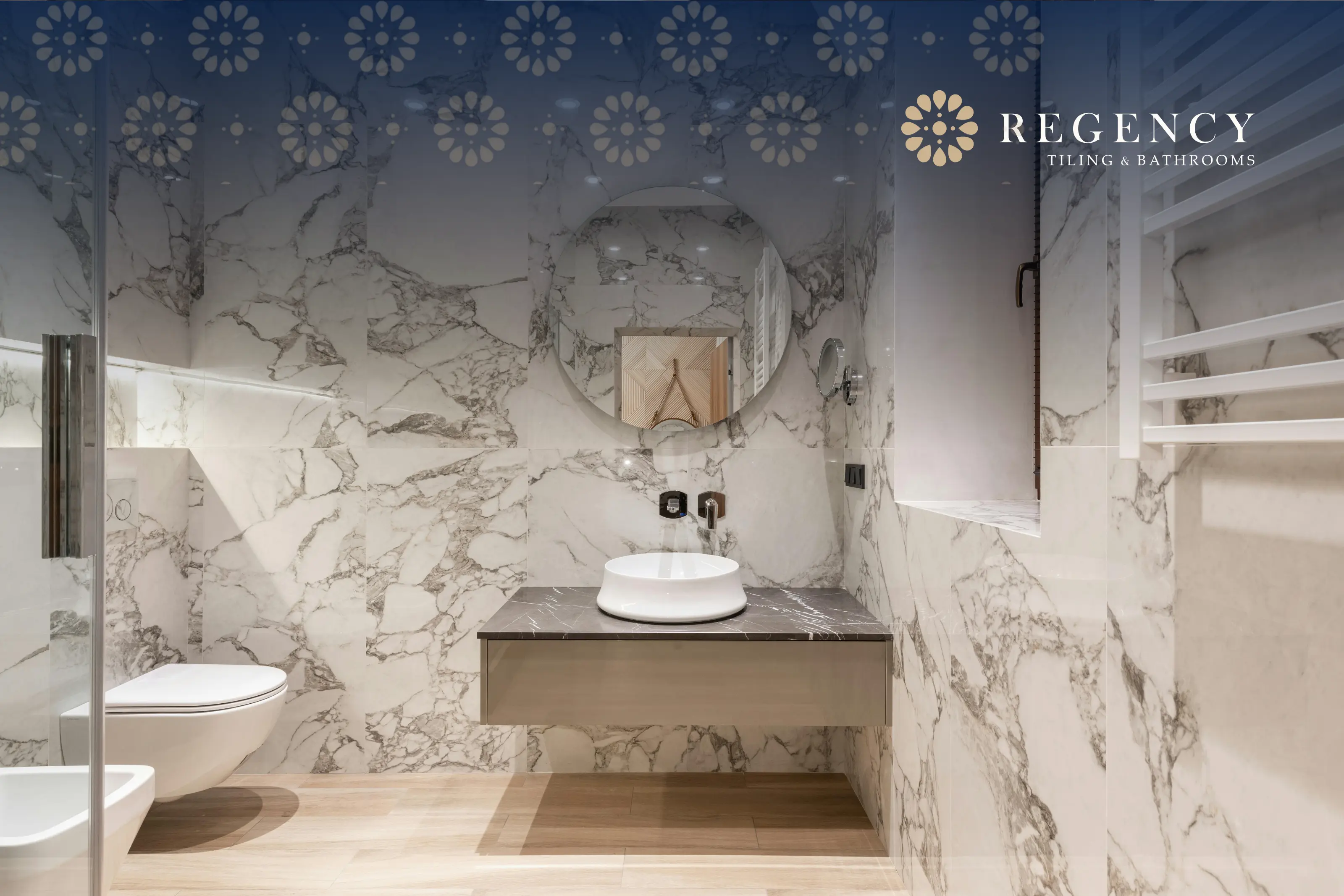 Bathroom with marble-effect porcelain tiles, offering timeless elegance and masterful British detailing.