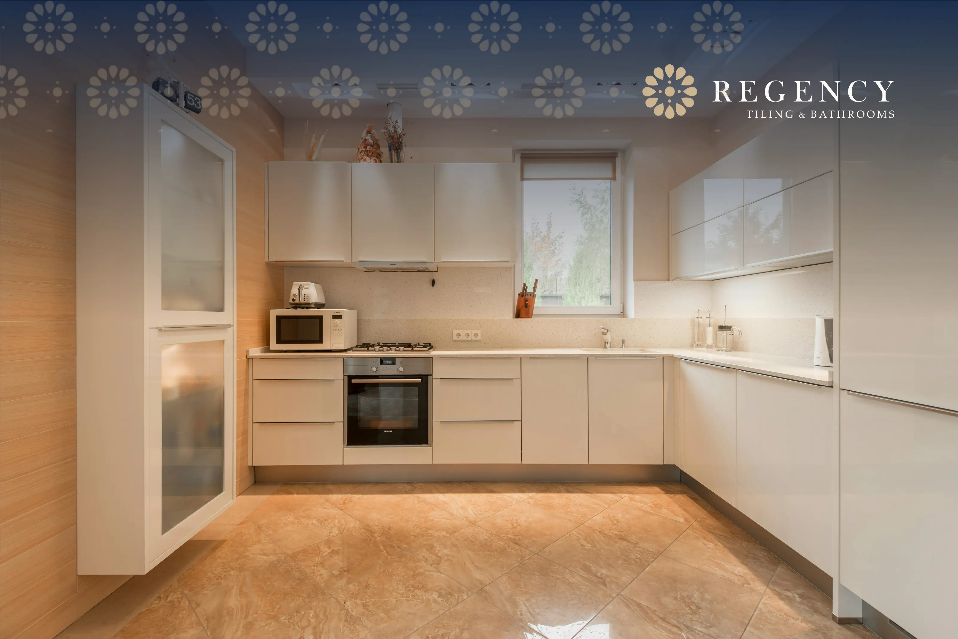 Modern kitchen with golden-toned porcelain floor tiles, expertly laid to restore beauty and balance.